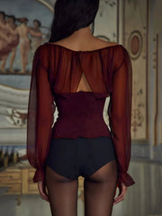 Wine Red Chiffon Sheer Long Sleeve Top Free From Label