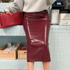 Bodycon PU Leather Zipper Split Midi Skirt Free From Label