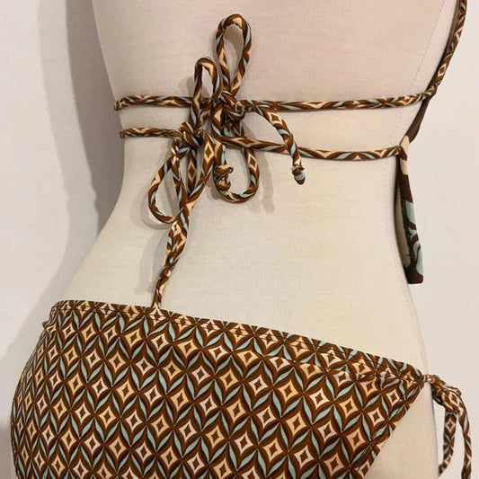 Brow Flower Pattern Tie Up Bikini Set