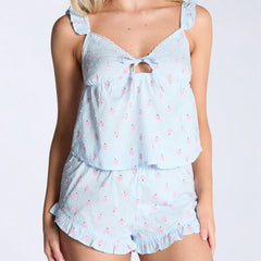 Floral Print Lace Trim Top And Ruffle Hem Shorts Pajama Set