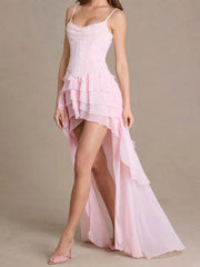 Pink Diamond Lace Up Corset Ruffle Tiered Midi Dress