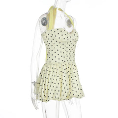 Yellow Polka Dot Halter Tie Neck Bubble Mini Dress