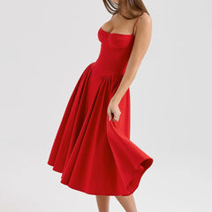Solid Spaghetti Strap Bustier Pleated Midi Dress