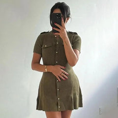 Green Metal Button Knitted Short Sleeve Mini Dress