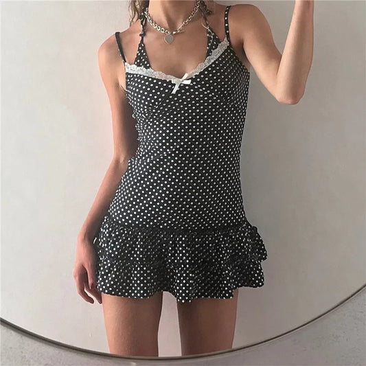Striped Polka Dot Spaghetti Strap Ruffle Hem Mini Dress