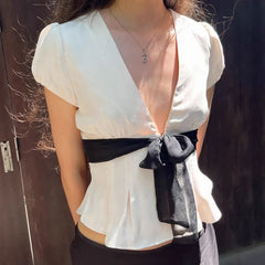 Deep V Neck White Front Bowknot Crop Top