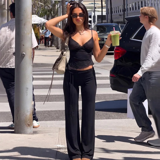 Black Mesh Camisole Top and Low-Rise Flared Pants Set