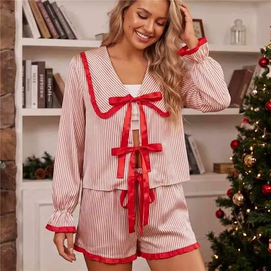 Christmas Peter Pan Collar Front Tie Long Sleeve Top And Shorts Striped Plaid Pajama Set