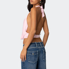 Deep neck halter open back top.