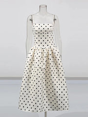 White Satin Polka Dot Strapless Midi Dress