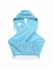 Blue Sequin Criss Cross Crop Top And Tassel Mini Skirt Set