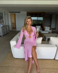 Knitted Long Sleeve Deep V-Neck Ring Detail Maxi Dress