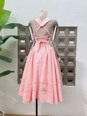 Plaid Collar Back Tie Up Midi Dress