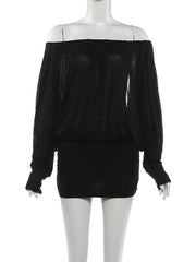 Off-Shoulder Long Sleeve Open Back Puff Mini Dress