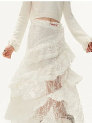 White Lace Layer Tulle Midi Skirt