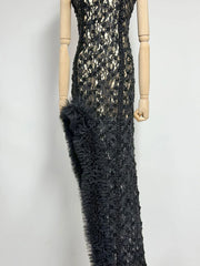 Lace Halter Neck Fur Trim Patchwork Side Split Midi Dress