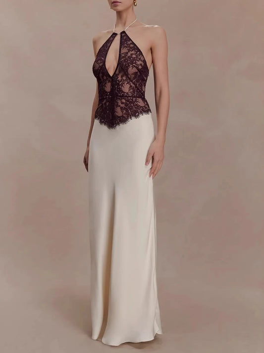 White Lace Black Patchwork Halter Maxi Dress