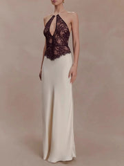 White Lace Black Patchwork Halter Maxi Dress