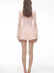Lace Sheer Pleated Buttoned Long Sleeve Mini Dress