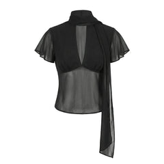 Mesh Short Flutter Sleeve Keyhole Neck Tie Scarf Collar Top