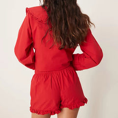 Red Frill Trim Long Sleeve Button Up Blouse And Elastic Shorts Loungewear Set