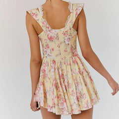 Yellow Floral Print Strap Mini Dress