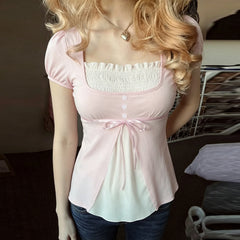 Contrast Color Square Neck Puff Sleeve Bow Babydoll Blouse