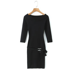 Black Knitted Off-Shoulder Full Sleeve Belt Mini Dress