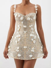 3D Flower Sequin Strappy Mini Dress