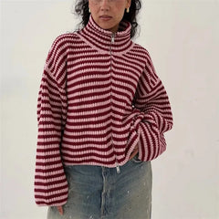 Striped Knit High Neck Zipper Cardigan