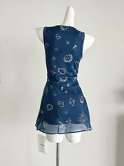 Blue Celestial Print V-Neck Dress