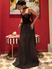Black Polka Dot Patchwork Maxi Dress With Scarf