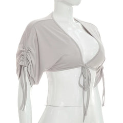 Drawstring Short Sleeve Deep V-Neck Tie Front Crop Top