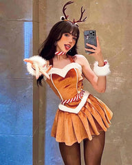 “Christmas reindeer cosplay dress with antlers and fur trim”