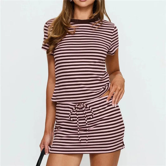 Striped Short Sleeve Crew Neck Top And Drawstring Mini Skirt Set