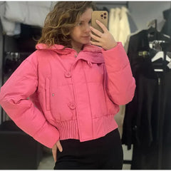 Solid Cropped Collar Button Puff Jacket