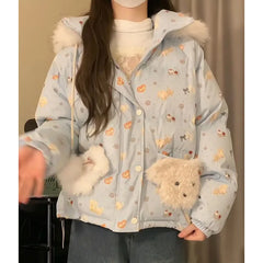 Blue Printed Puff Teddy Hooded Parka Jacket