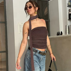 Polka Dot Print Mesh Tube Top with Scarf