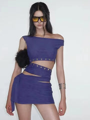 Blue Metal Cut Out Off-Shoulder Tank Top And Mini Skirt Set