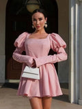 Puff Full Sleeves Diamonds A Line Square Collar Lace-up Mini Dress