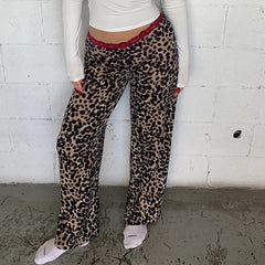 Leopard Printed / Solid Lace Trim Wide Leg Pants