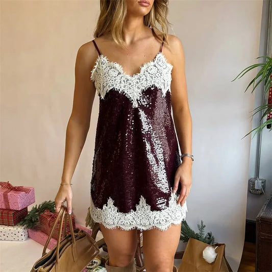 Spaghetti Strap Sequin Lace Patchwork Mini Dress