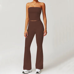 Person wearing a coffee strapless top and leggings- front view