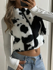Cow Printed Zipper Sleeveless Fur Cropped Vest