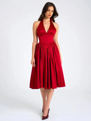 Red Satin Halter Deep V Neck Midi Dress
