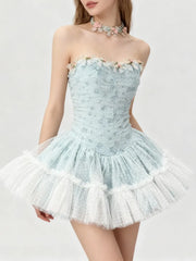 Strapless Mesh Patchwork 3D Flower Mini Dress