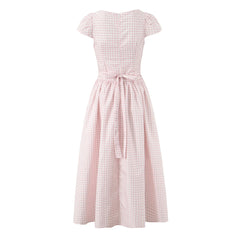 Pink Plaid Button Puff Sleeve Midi Dress