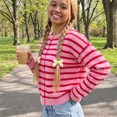 Striped Knit Round Neck Button Down Cardigan