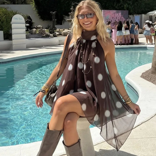 Brown Mesh Backless Polka Dot Top