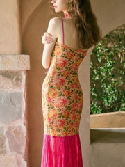 Pink Floral Printed Patchwork Strap Long Dress